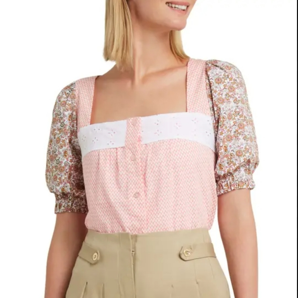 H Halston Poplin Square floral Neck Blouse Size Medium